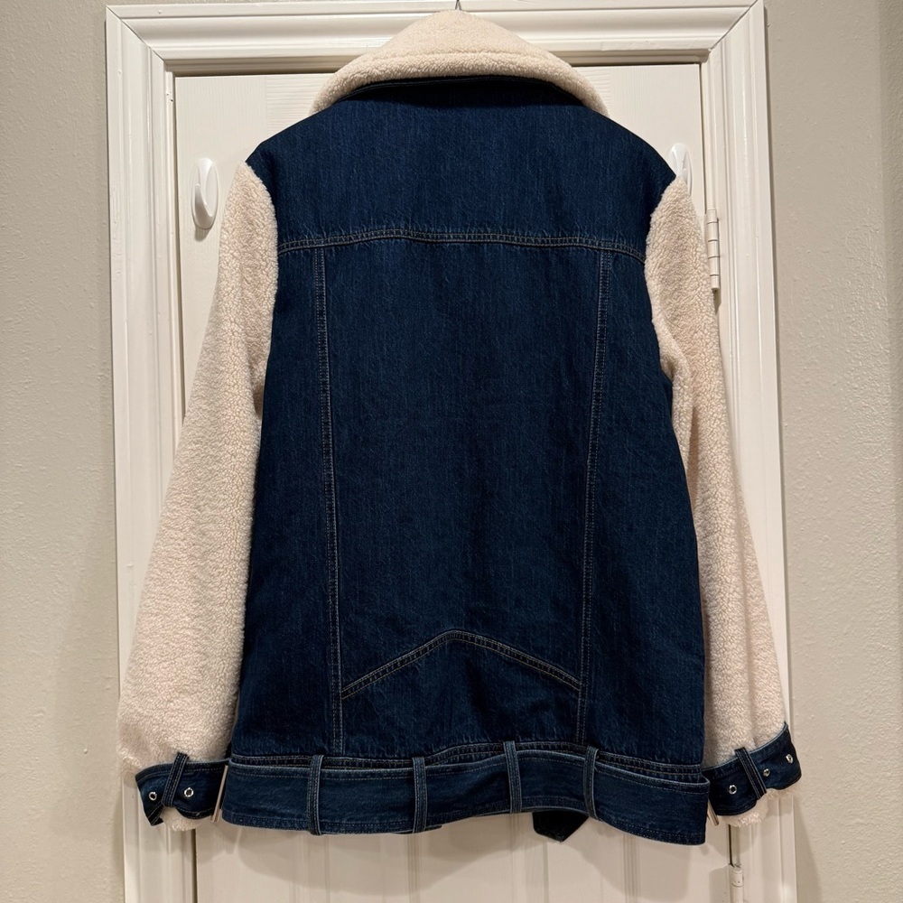 Seroya Mink Teddy Denim Jacket Women’s S/M Belted Winter Lined Oversized Jean - Picture 3 of 11